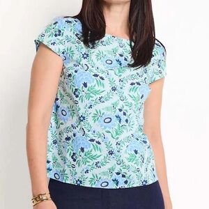 Talbots Petites Light Blue Short Sleeve Green Blue Floral Print Keyhole Back 2XP